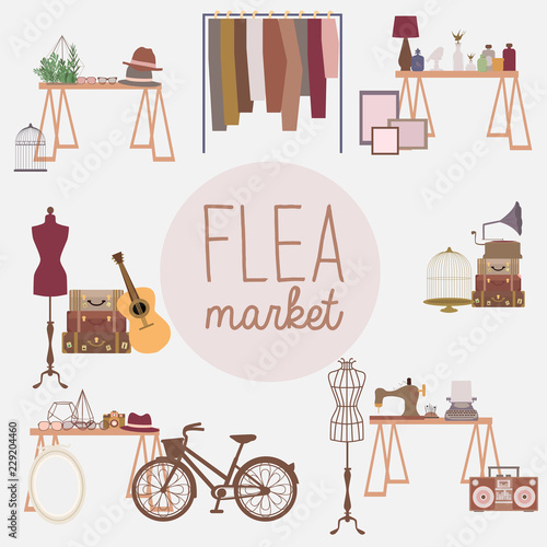 Flea market set with vintage clothes and accessories shop, cartoon flat design. Editable vector illustration