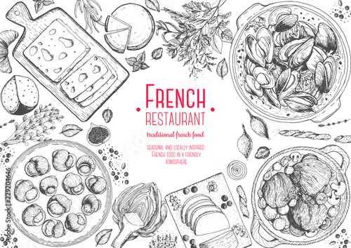 French cuisine top view frame. A set of classic French dishes with beef bourguignon, mussels, escargot, foie gras, cheese, artichoke . Food menu design template. Hand drawn sketch vector illustration. photo