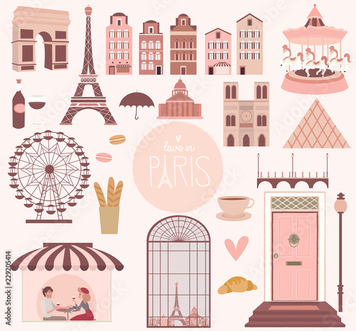 Set of elementsb and landmarks in Paris. Editable vector illustration