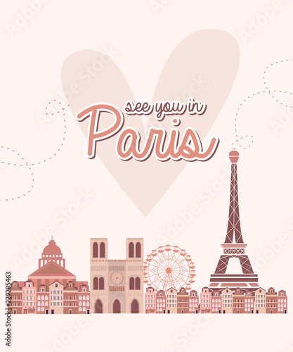 Cute poster with landmarks in Paris. Editable vector illustration