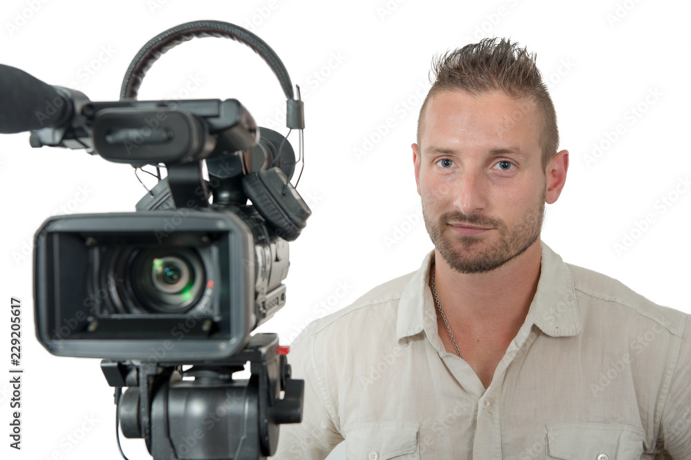 cameraman with professional camcorder isolated on white background cameraman with professional camcorder isolated on white background