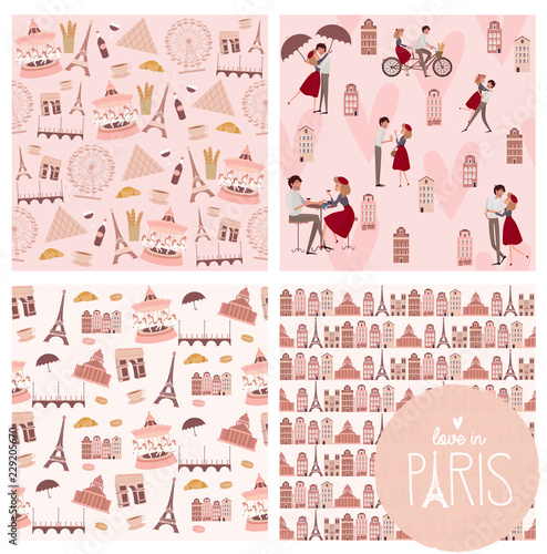 Photography Set of cute seamless pattern with Paris landmarks, houses and lover couple