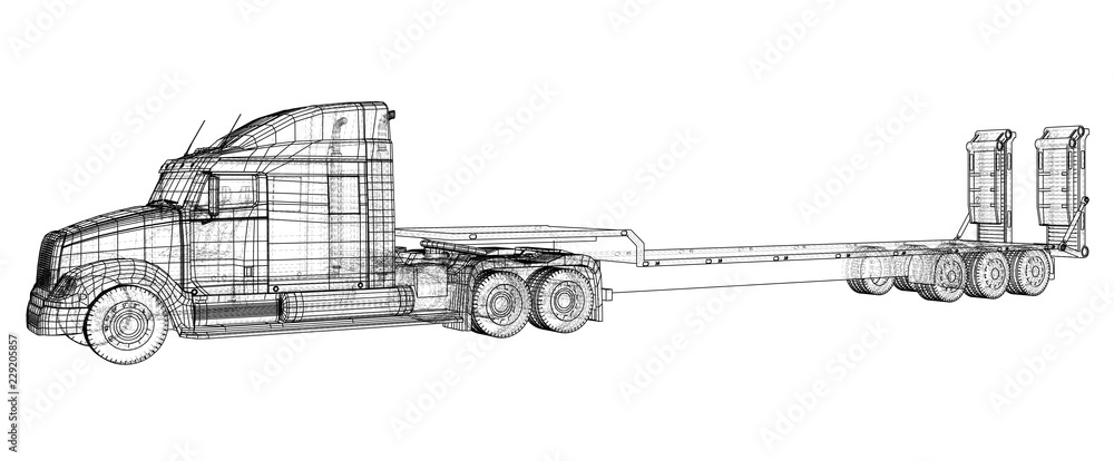 Low bed Truck Trailer. Wire-frame. EPS10 format. Vector created of 3d