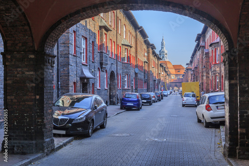 Street Św. Anna in Historic Mining District Nikiszowiec in Katowice in Polish Silesia. The street is adjoined by red-brick houses in which the miner's family lived
