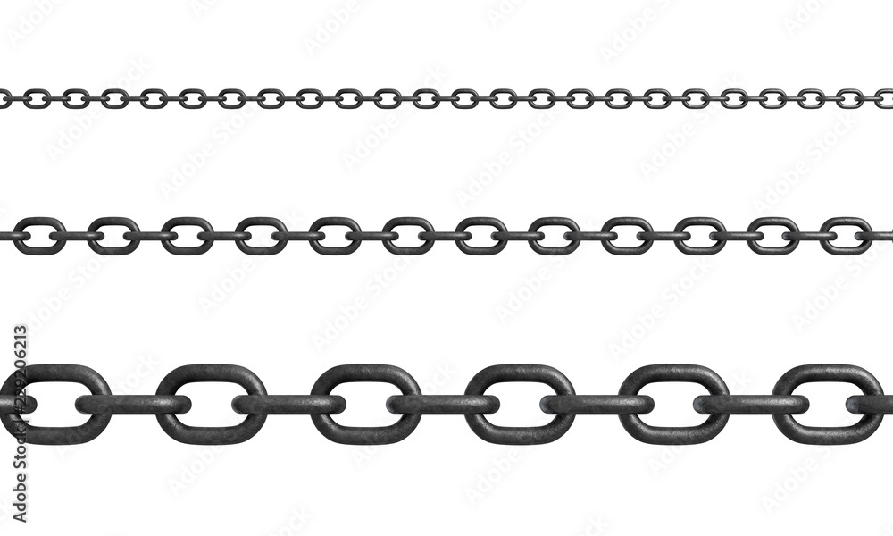 3d rendering of three horizontally placed metal chains of different size with strong links. 3d rendering of three horizontally placed metal chains of different size with strong links.