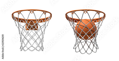 3d rendering of two basketball nets with orange hoops, one empty and one with a ball falling inside. © gearstd