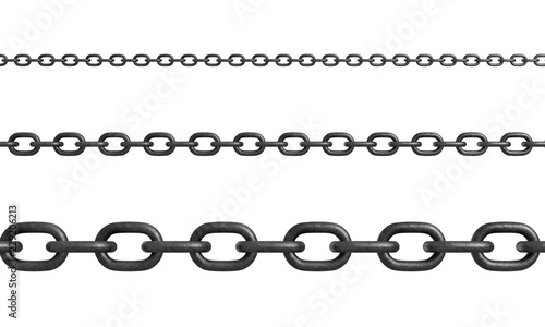 3d rendering of three horizontally placed metal chains of different size with strong links.