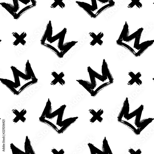 Seamless pattern with crowns and cross symbols isolated on white background. Rough brush painted shapes. Ink street-style abstract grunge illustration.