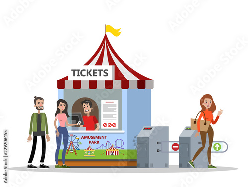 Amusement park entrance. People bying ticket and standing