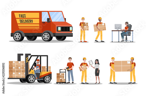 Fast delivery set. Courier in uniform with box