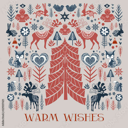 Cute Christmas pattern in Scandinavian style. Editable vector illustration