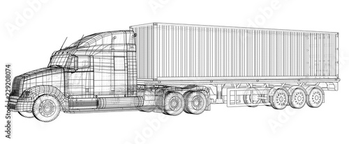Model trailer truck. Wire-frame. EPS10 format. Vector rendering of 3d.