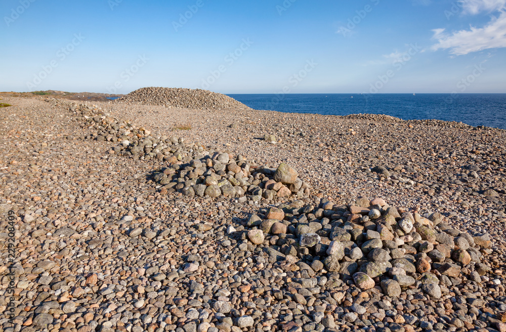 Cairns made of cobble deposits at Molen UNESCO Global Geopark Larvik Vestfold Norway Scandinavia Cairns made of cobble deposits at Molen UNESCO Global Geopark Larvik Vestfold Norway Scandinavia