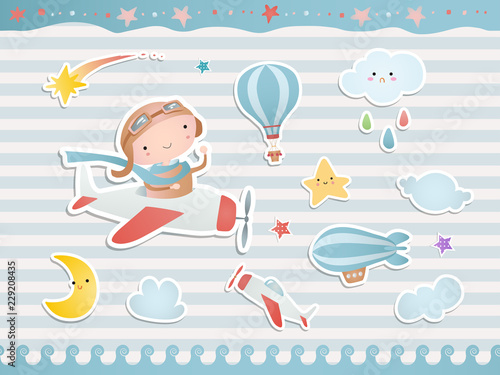 Set of elements for baby shower design with a pilot, a plane, balloons. Paper, scrapbook. 