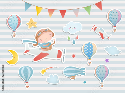 Set of elements for baby shower design with a pilot, a plane, balloons. Paper, scrapbook.  
