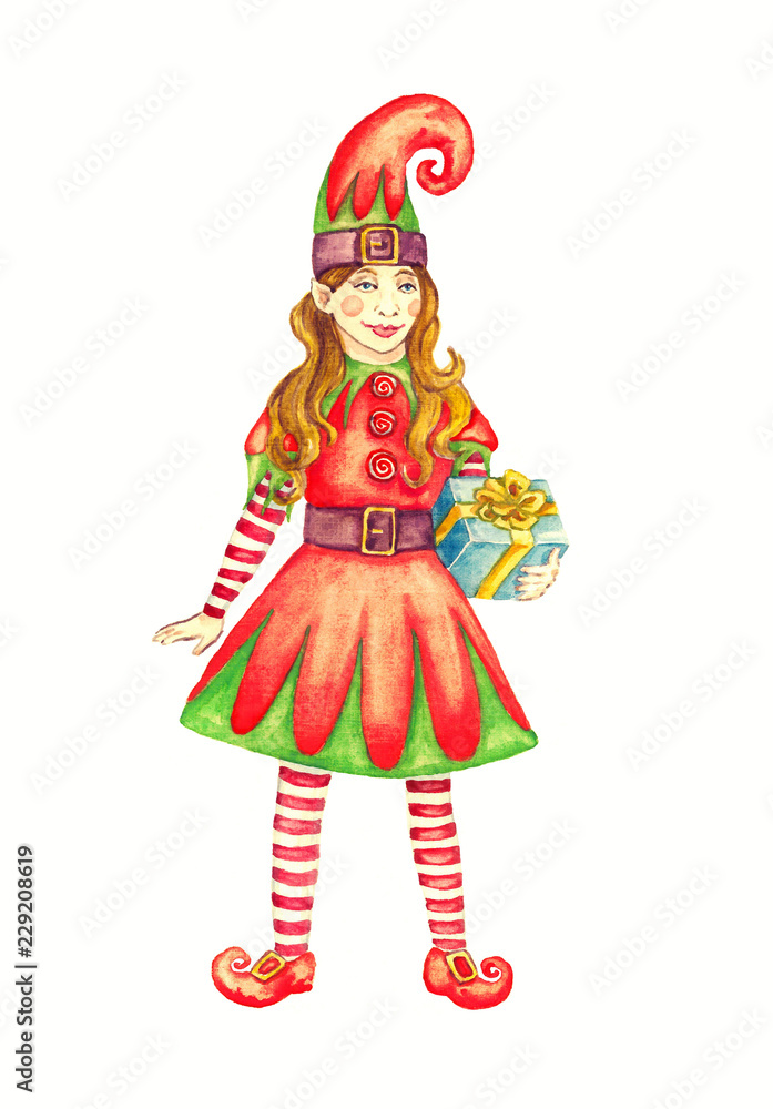 Christmas elf girl in bright costume with long hat and gift box in hands, isolated on white watercolor illustration