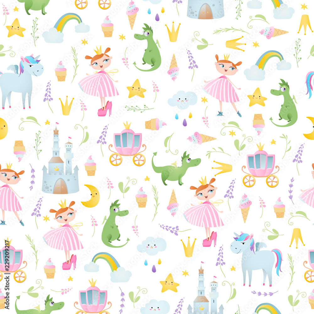 A seamless pattern with princess,  crown, unicorn, dragon, coach, brougham, castle.