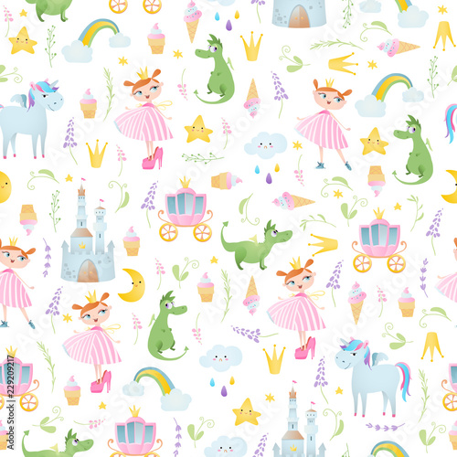 A seamless pattern with princess,  crown, unicorn, dragon, coach, brougham, castle.