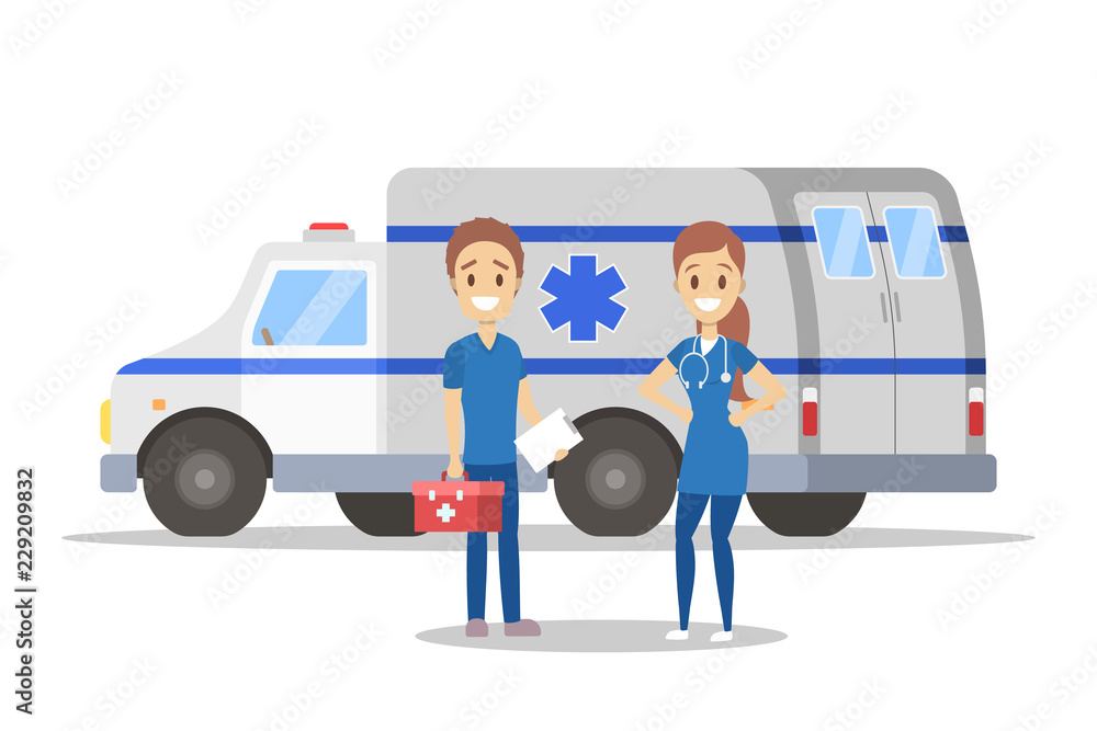 Doctor standing in front of ambulance car Doctor standing in front of ambulance car