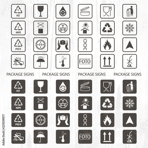 Vector packaging symbols. Shipping icon set including recycling, fragile, the shelf life of the product, flammable, non-toxic material, this side up, other symbols. Use on package.