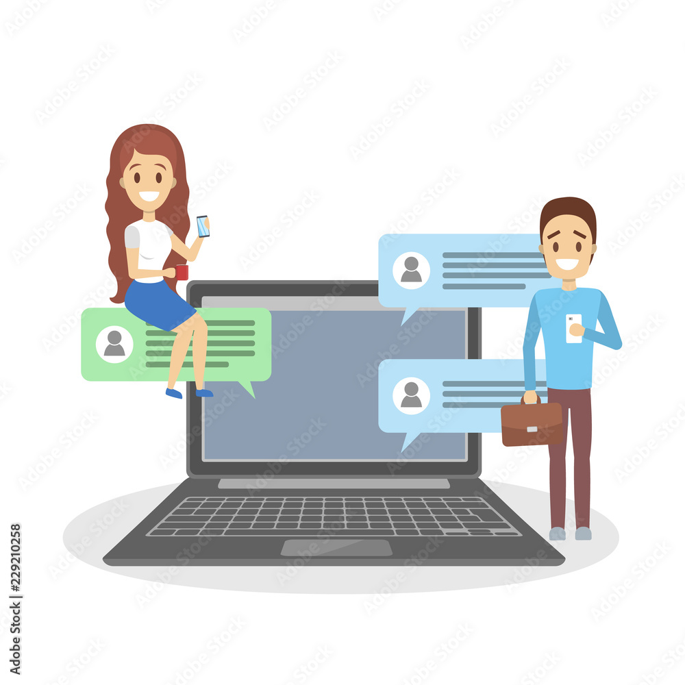 People chat together on computer or mobile phone People chat together on computer or mobile phone