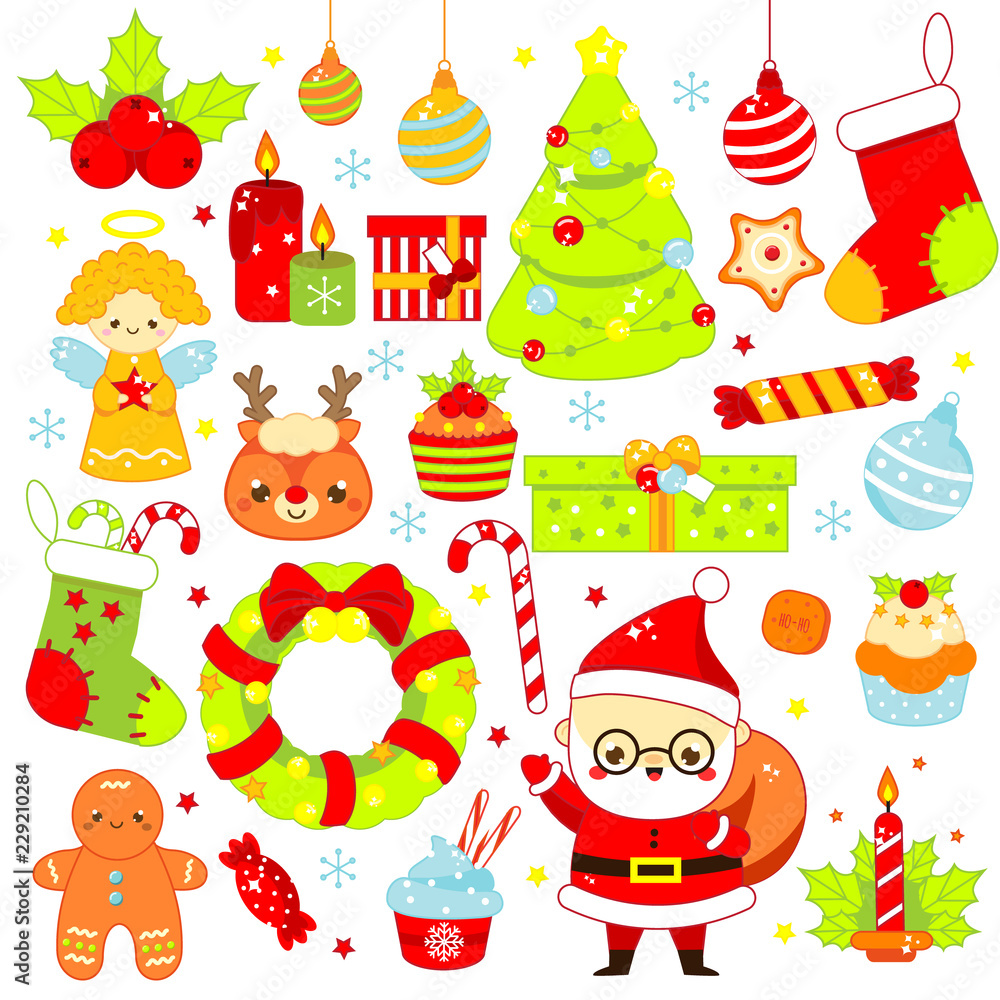 Christmas stickers, icons. Cute Santa, spruce, deer and other New Year holiday symbols in kawaii style. Big collection of isolated vector design elements