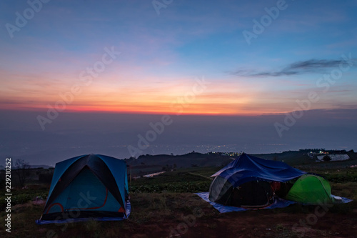 Tent and background sky and mountain views In the morning.