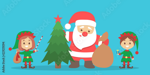 Santa Claus standing with bag full of gift boxes