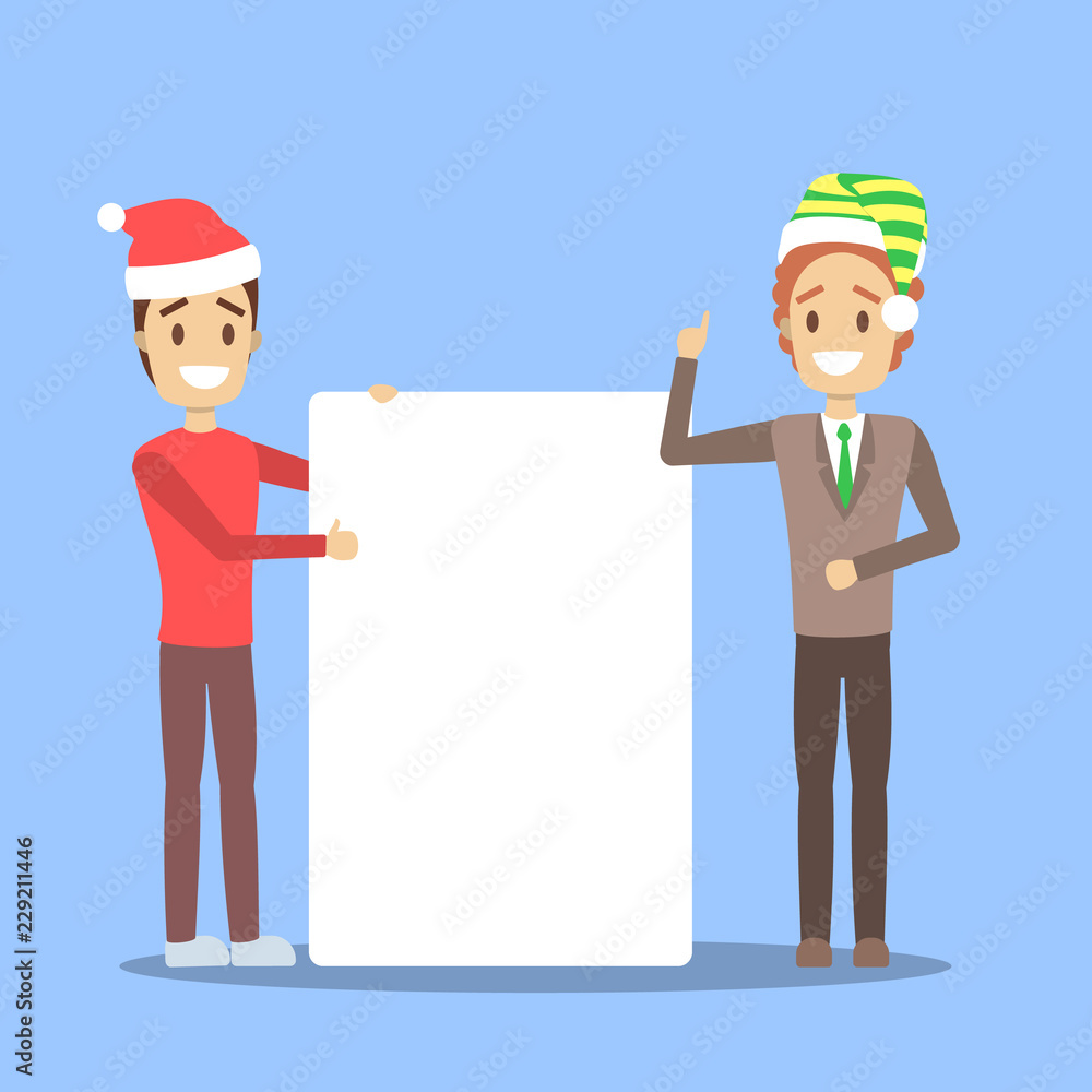 Business character standing behind blank paper sheet. Business character standing behind blank paper sheet.