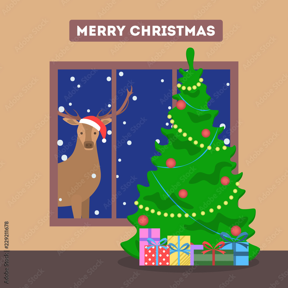 Christmas room with green tree and gift boxes Christmas room with green tree and gift boxes