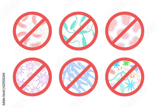 Red forbidden sign with bacteria or microbe behind it