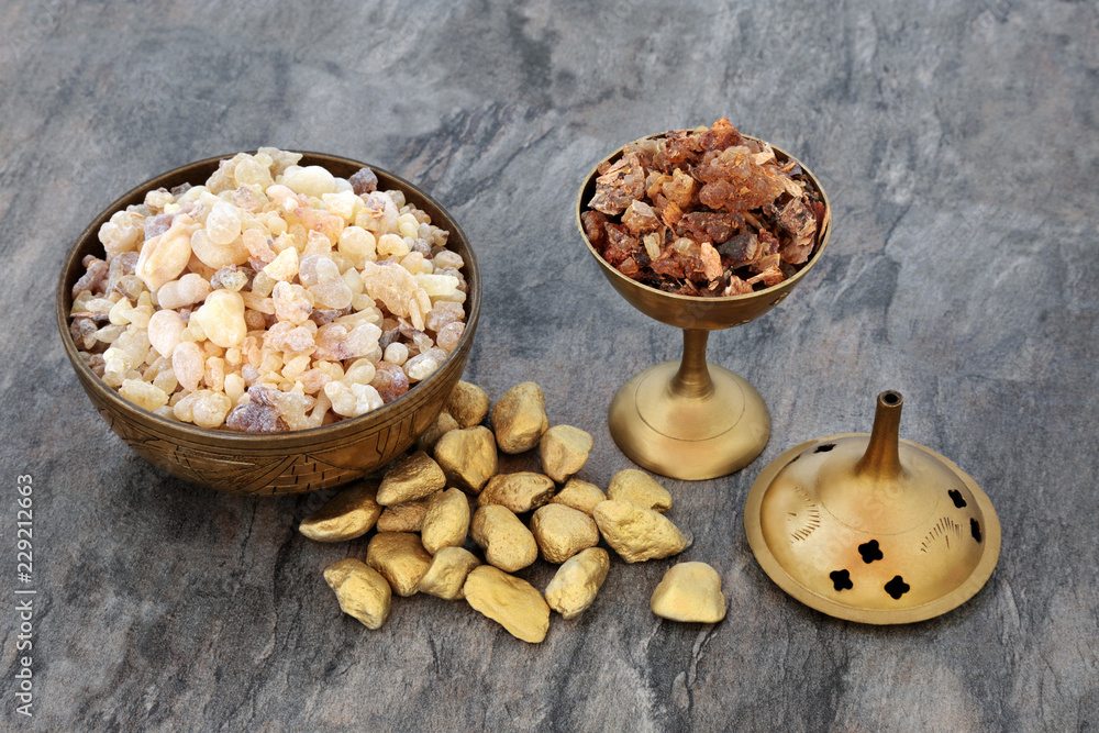 Gold frankincense and myrrh religious concept of gifts of the three