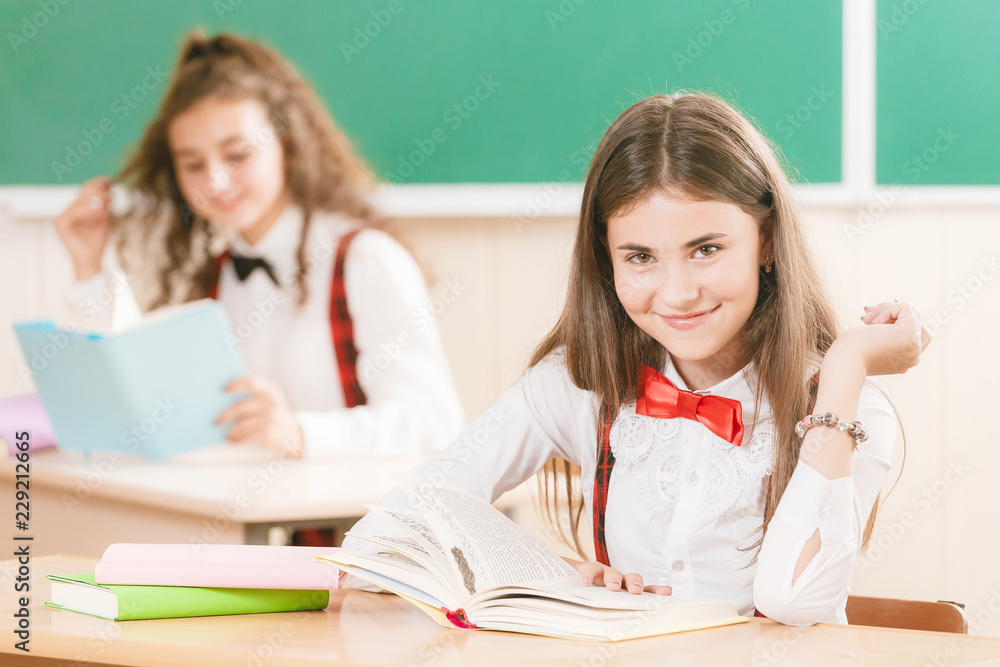 schoolgirls in school uniforms sit for couples in the classroom. Girls go to school. schoolgirls in school uniforms sit for couples in the classroom. Girls go to school.