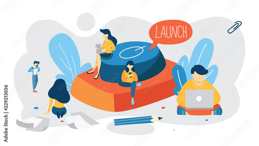 Startup project giant launch button. Business start concept.