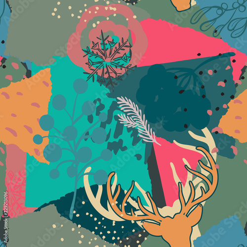 Vector Christmas seamless pattern with colorful abstract collage texture and holiday elements