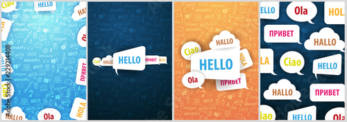 Set of Language Translator banners with hand-draw doodle on the background. Concept of translating agency and interpreting.