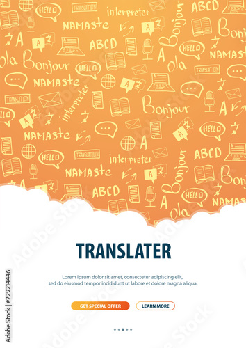 Language Translator banner with hand-draw doodle on the background. Concept of translating agency and interpreting.