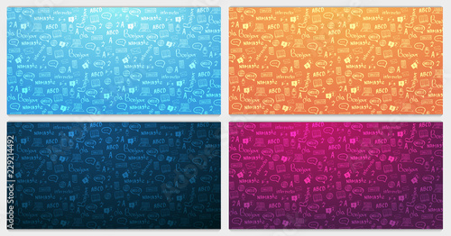 Set of Language Translator banners with hand-draw doodle on the background. Concept of translating agency and interpreting.