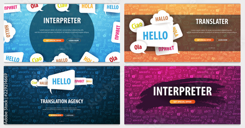 Set of Language Translator banners with hand-draw doodle on the background. Concept of translating agency and interpreting.
