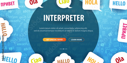 Language Translator banner with hand-draw doodle on the background. Concept of translating agency and interpreting.
