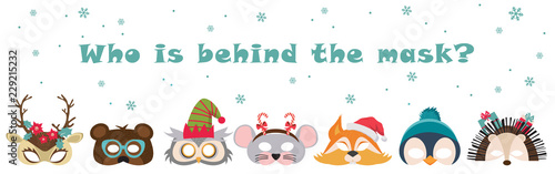 Collection of winter animal masks and Christmas photo booth props for kids. Cute cartoon masks and elements for a party. Christmas party banner template. vector illustration