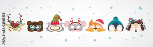 Collection of winter animal masks and Christmas photo booth props for kids. Cute cartoon masks and elements for a party. Christmas party banner template. vector illustration © jennylipmic