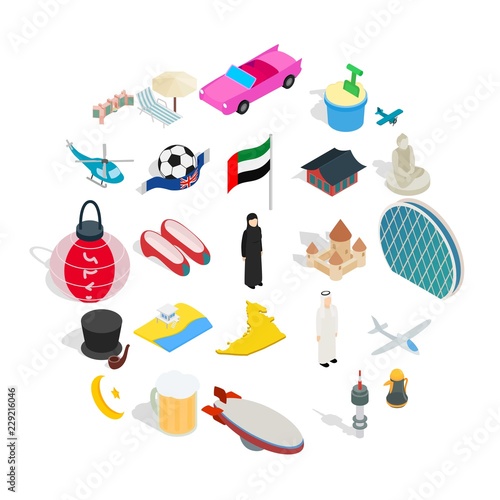 Around the country icons set. Isometric set of 25 around the country vector icons for web isolated on white background