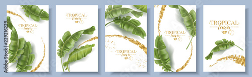 Vector tropical banners set. Banana leaf with gold splash on white background. Exotic botany for cosmetics, spa, perfume, health care products, aroma, tourist agency. Best as wedding invitation design