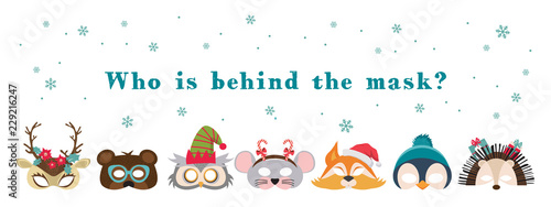 Collection of winter animal masks and Christmas photo booth props for kids. Cute cartoon masks and elements for a party. Christmas party banner template. vector illustration