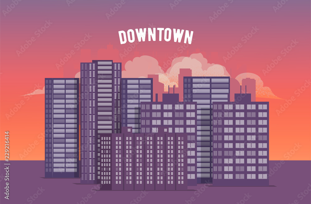 Fototapeta premium City Downtown at Sunset. Vector Illustration.
