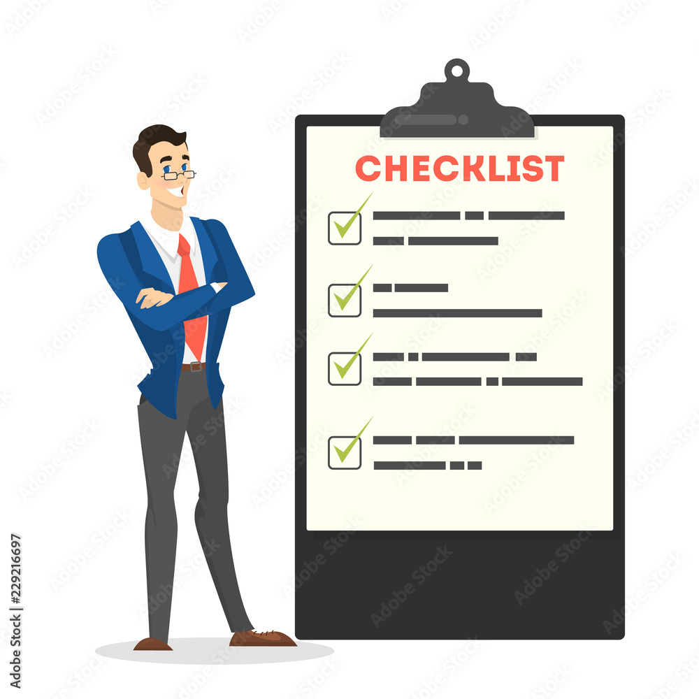 Businessman in suit standing at the big clipboard Businessman in suit standing at the big clipboard