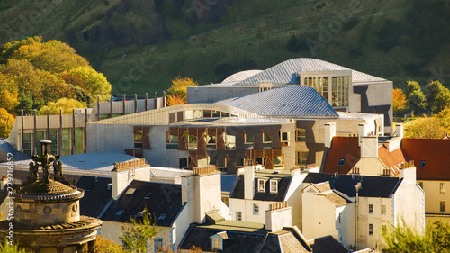 Elevated view of the Scottish Parliament buildings at Holyrood from Calton Hill in Edinburgh.