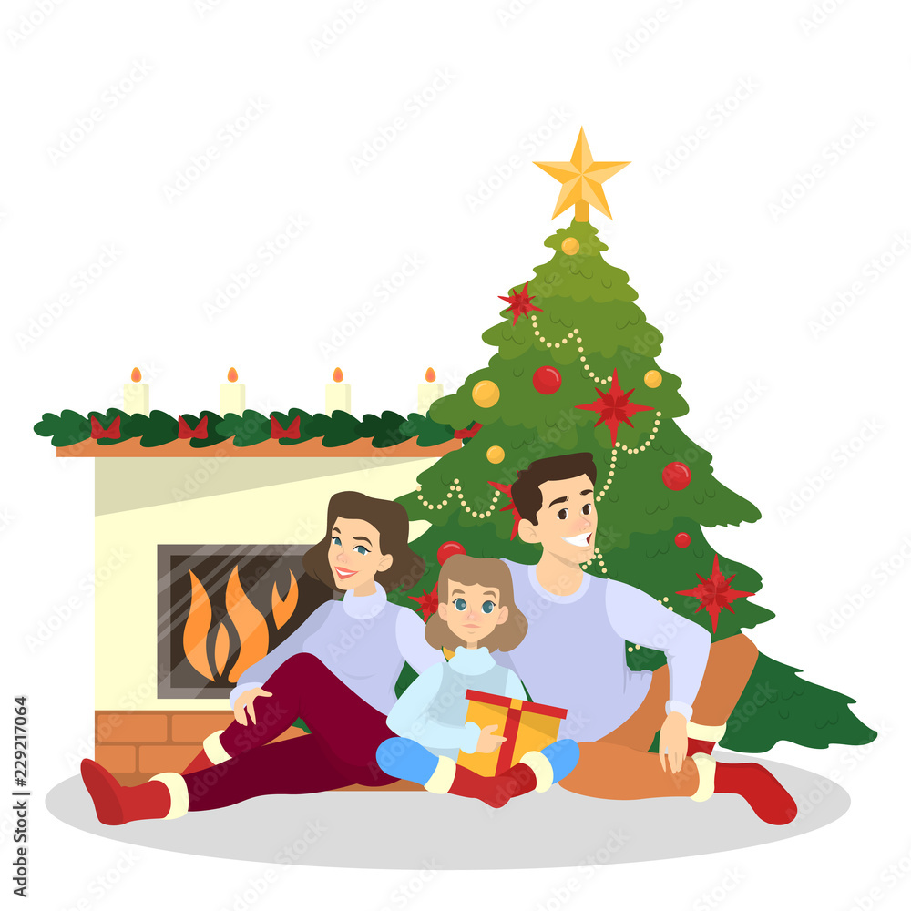 Family have fun together at christmas tree Family have fun together at christmas tree