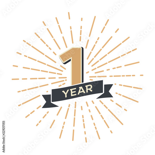 First year anniversary retro vector emblem isolated template. Vintage logo 1th with ribbon and fireworks on white background